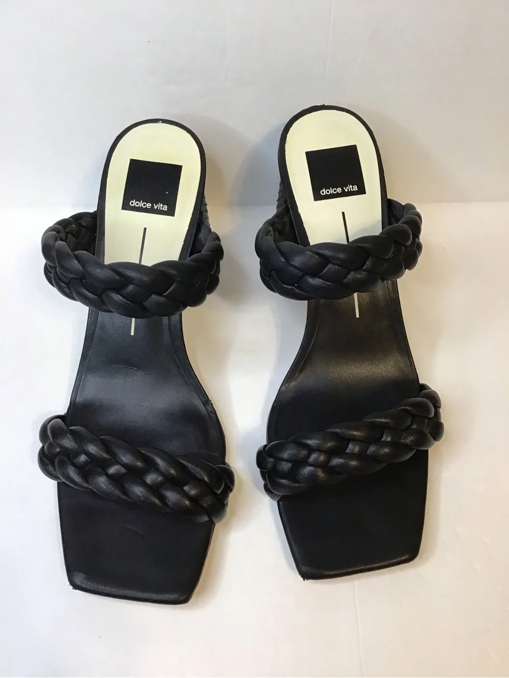 DOLCE VITA Women’s Black Braided Double-Strap Square Toe Block Heel Sandals 9.5